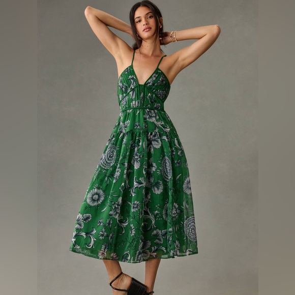 Anthropologie Dresses & Skirts - Large Anthropologie Penny Green Floral V-neck Midi Dress
